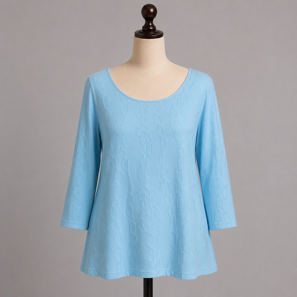 J.McLaughlin‎ Blue Chain Link Jacquard 3/4 Sleeve Scoop Neck Top XL Made in USA